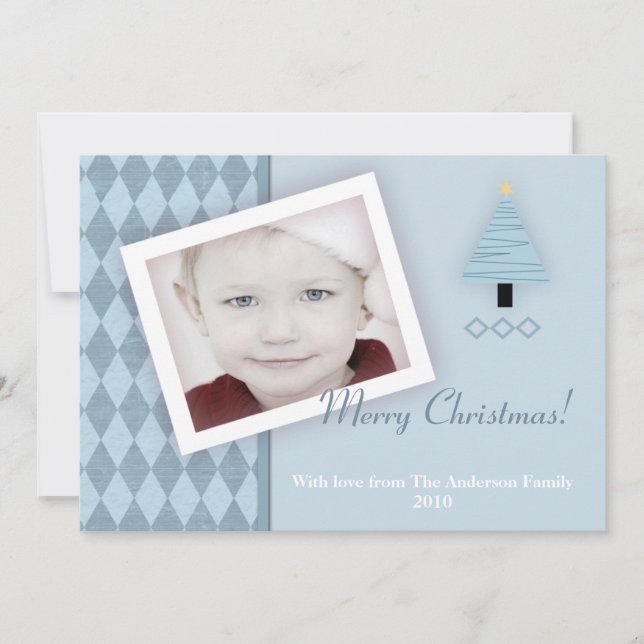 5x7 Blue Christmas Tree Argyl PHOTO Christmas Card (Front)