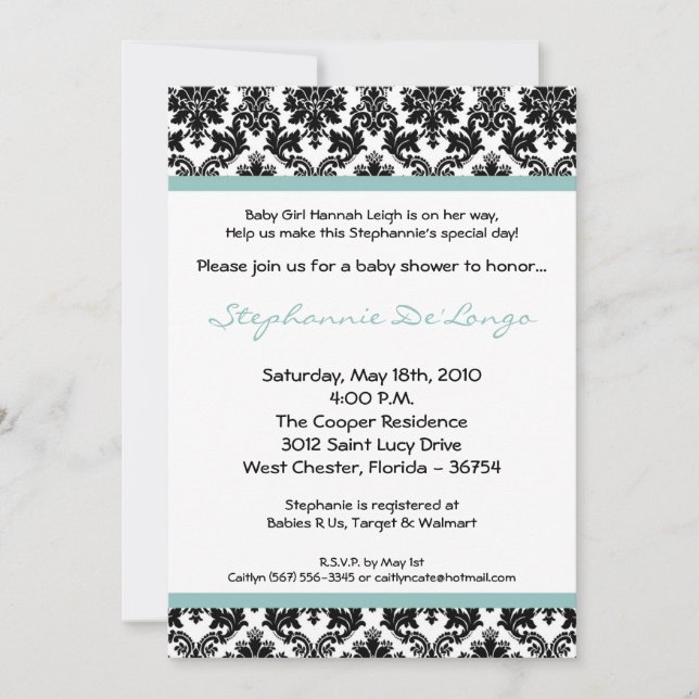 5x7 Blue Damask Baby Shower Invitation (Front)