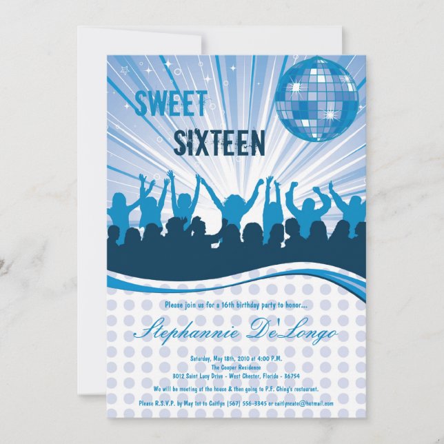 5x7 Blue Dance Party 16th Birthday Invitation (Front)