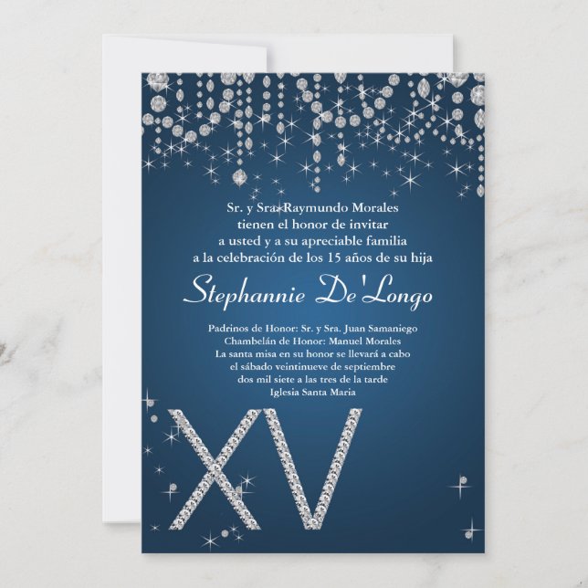 5x7 Blue Diamond Quinceanera Birthday Invitation (Front)