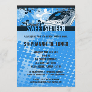 5x7 Blue DJ Spin Turntable16th Birthday Invitation