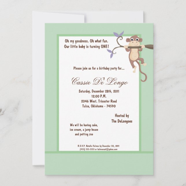 5x7 Blue Green Monkey Birthday Party Invite (Front)