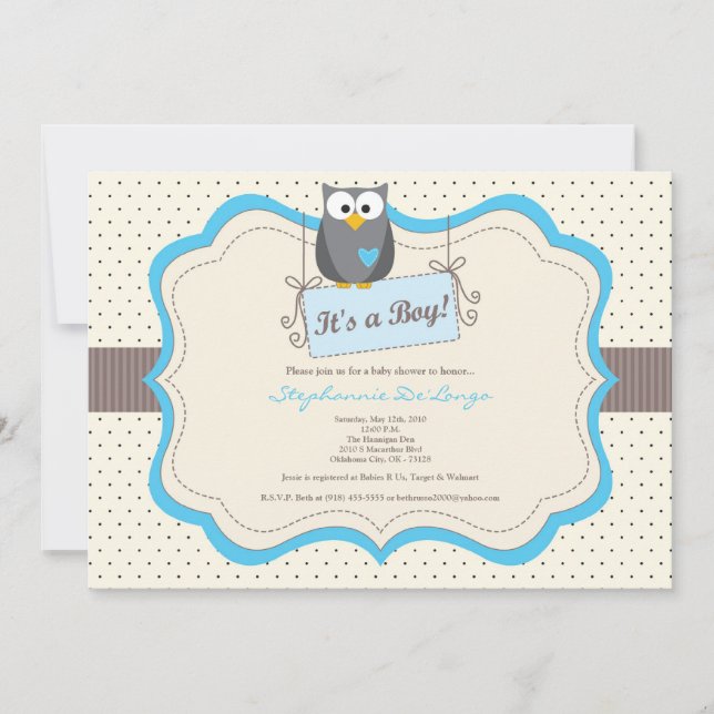 5x7 Blue Hoot Owl Woodland Baby Shower Invitation (Front)
