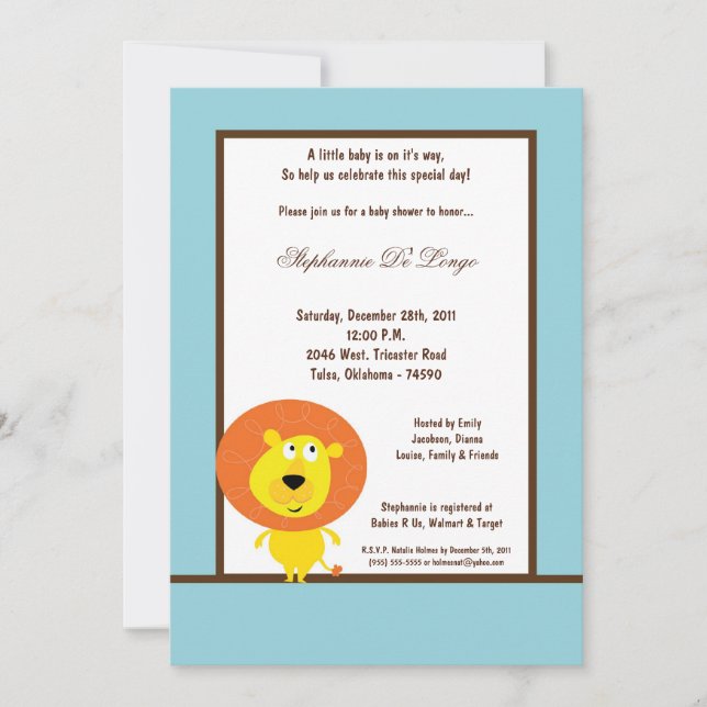 5x7 Blue Lion Baby Shower Invitation (Front)