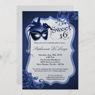 5x7 Blue Masquerade Mask 16 Birthday Invitation