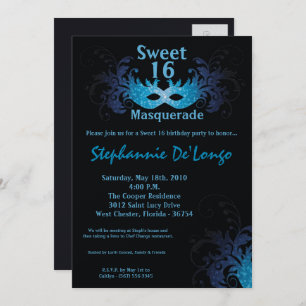 5x7 Blue Masquerade Sweet 16 Birthday Invitation