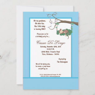 5x7 Blue Monkey Birthday Party Invite