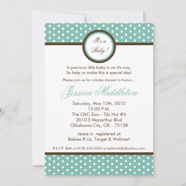 5x7 Blue Polka Dot Baby Shower Invitation (Front)