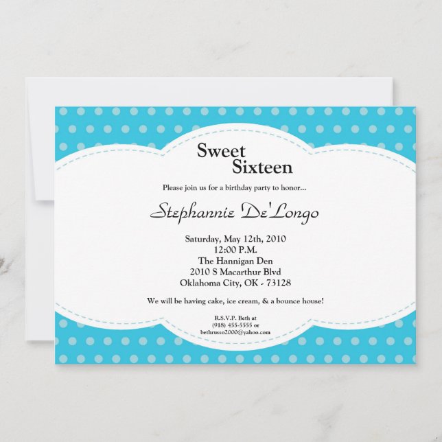 5x7 Blue Polkadot Sweet 16 Birthday Invitation (Front)
