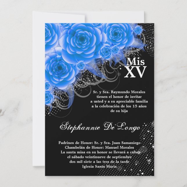 5x7 Blue Roses Quinceanera Birthday Invitation (Front)