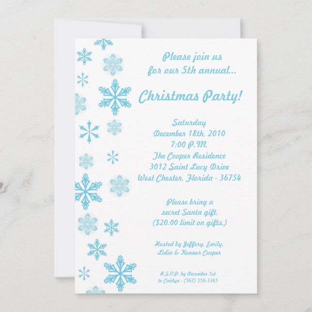 5x7 Blue Snowflakes Christmas Party Invitation (Front)