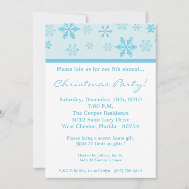5x7 Blue Snowflakes Christmas Party Invitation (Front)
