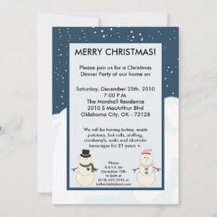 5x7 Blue Snowman Snow Christmas Party Invitation