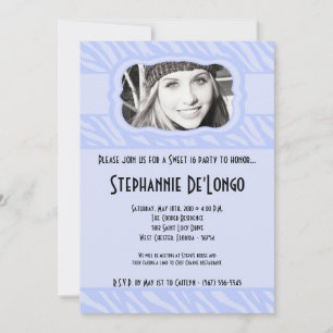 5x7 Blue Zebra PHOTO Sweet 16 Birthday Invitation