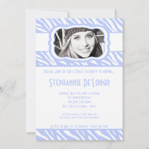 5x7 Blue Zebra PHOTO Sweet 16 Birthday Invitation