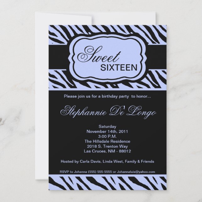 5x7 Blue Zebra Print Birthday Party Invitation (Front)