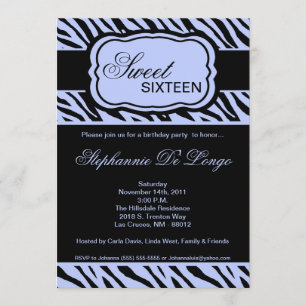 5x7 Blue Zebra Print Birthday Party Invitation