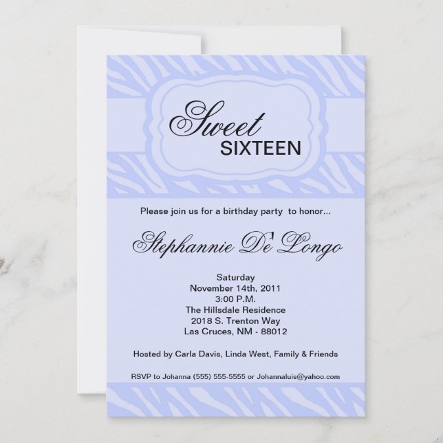5x7 Blue Zebra Print Birthday Party Invitation (Front)