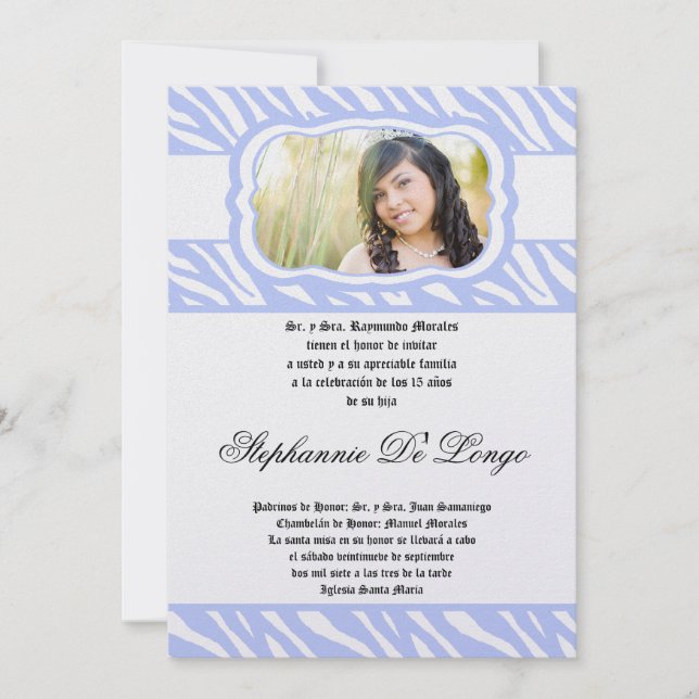 5x7 Blue Zebra Print Patter Quinceanera Invitation (Front)