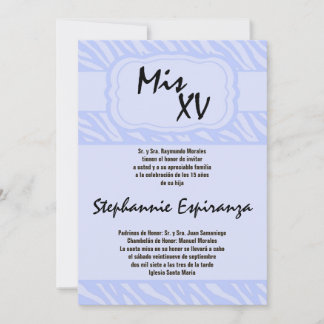 5x7 Blue Zebra Print Quinceanera 15 Invitation