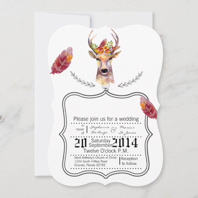 5x7 boho deer Buck Head BrowningWedding Invitation (Front)