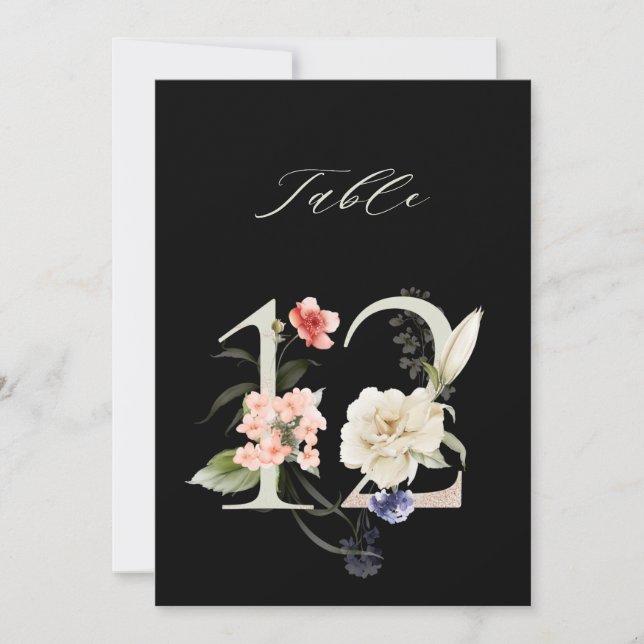 5x7 Botanical Floral Number 12, Black Table Number (Front)
