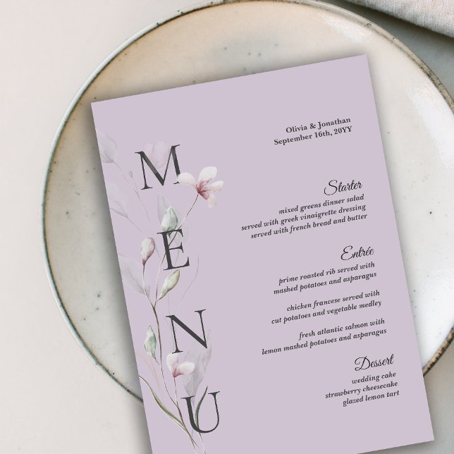 5x7" Botanical Purple Wedding Table Menu Card (purple botanical simple wedding table menu card)