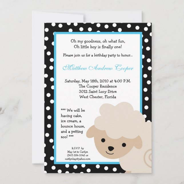 5x7 Boy Blue Farm Sheep Birthday Party Invitation (Front)
