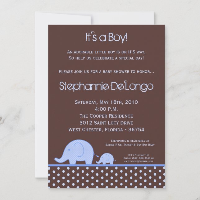 5x7 Boy Blue Mod Elephant Baby Shower Invitation (Front)