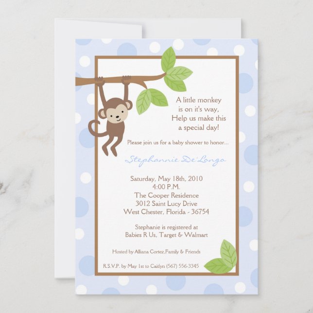 5x7 Boy Blue Monkey Jungle Baby Shower Invitation (Front)