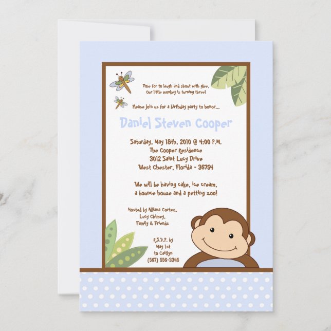 5x7 Boy Blue Papgayo Monkey Birthday Invitation (Front)