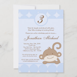 5x7 Boy Blue PolkaDot Monkey Birthday Invitation