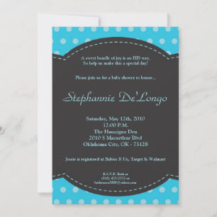 5x7 Boy Blue Polkadot Poke Baby Shower Invitation