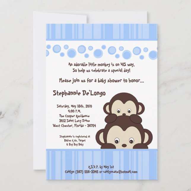 5x7 Boy Blue Pop Monkey Baby Shower Invitation (Front)