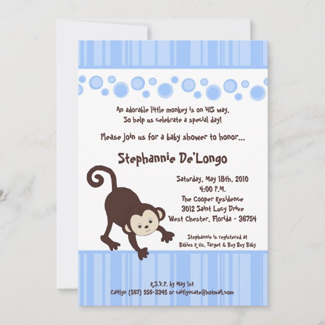 5x7 Boy Blue Pop Monkey Baby Shower Invitation (Front)