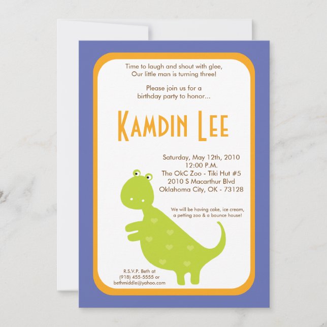 5x7 Boy Dinosaur Dino Birthday Invitation (Front)