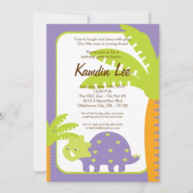 5x7 Boy Dinosaur Dino Birthday Invitation (Front)