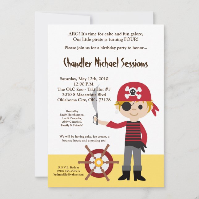 5x7 Boy Pirate Ship Birthday Party Invitation (Front)