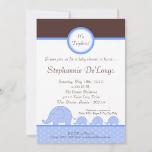 5x7 Boy Triplets Elephant Baby Shower Invitation