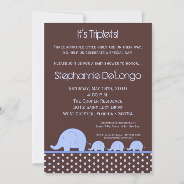 5x7 Boy Triplets Elephant Baby Shower Invitation (Front)