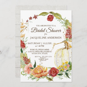 5x7 Bridal Shower Fall Floral Wreath White Pumpkin Invitation
