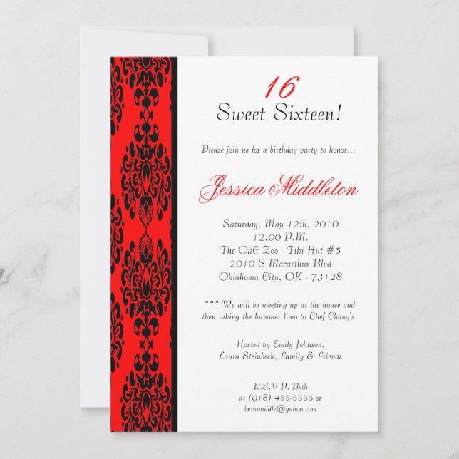 5x7 Brite Red Damask Birthday Party Invitation (Front)