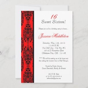 5x7 Brite Red Damask Birthday Party Invitation