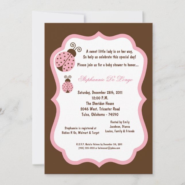 5x7 Brown Lady Bug Baby Shower Invitation (Front)