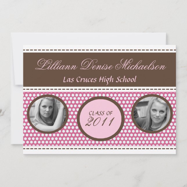 5x7 Brown Pink Polka Dot Photo Senior Announcement (Front)