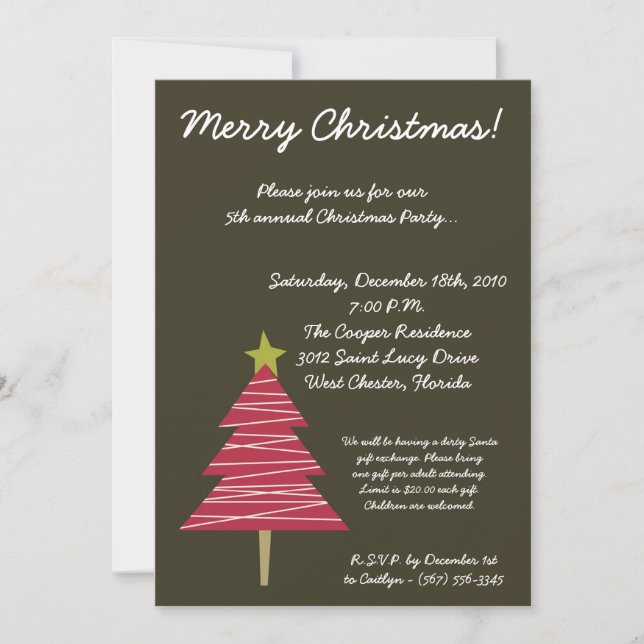 5x7 Brown Red XMAS Tree Christmas Party Invitation (Front)