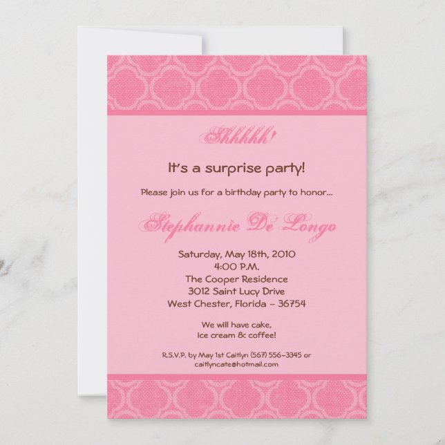 5x7 Bubblegum Damask Print Birthday Invitation (Front)