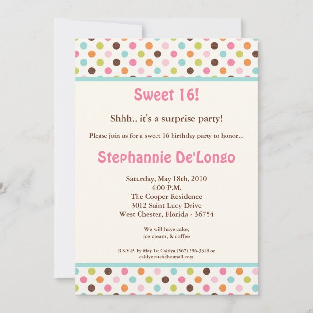 5x7 Bubblegum PolkaDot Sweet16 Birthday Invitation (Front)