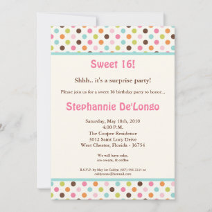 5x7 Bubblegum PolkaDot Sweet16 Birthday Invitation