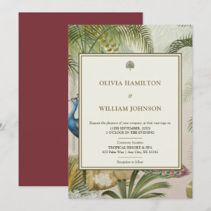 5x7 Burgandy Tropical Peacock Palm Wedding  Invitation